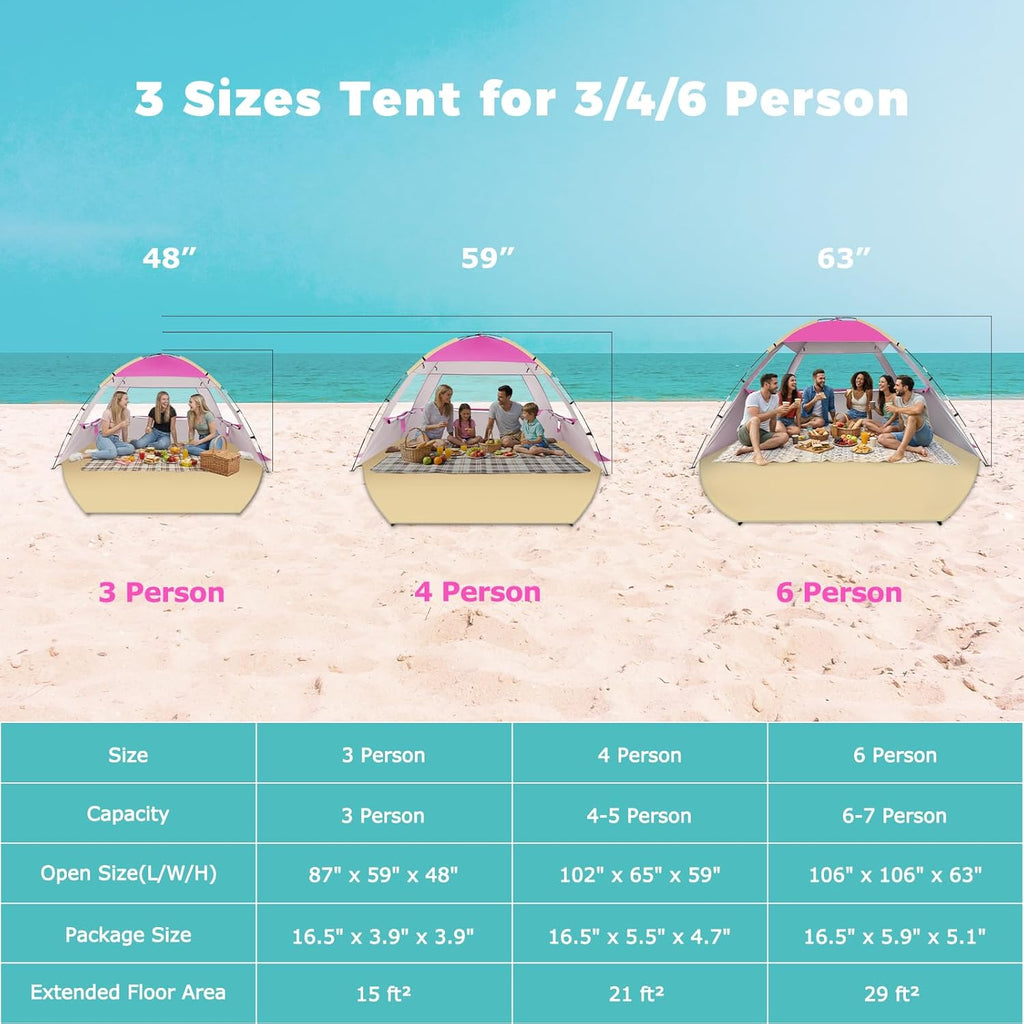 Venustas Beach Tent - Portable Sun Shelter with UPF 50+ UV Protection | Fits 3-8 People, Easy Setup