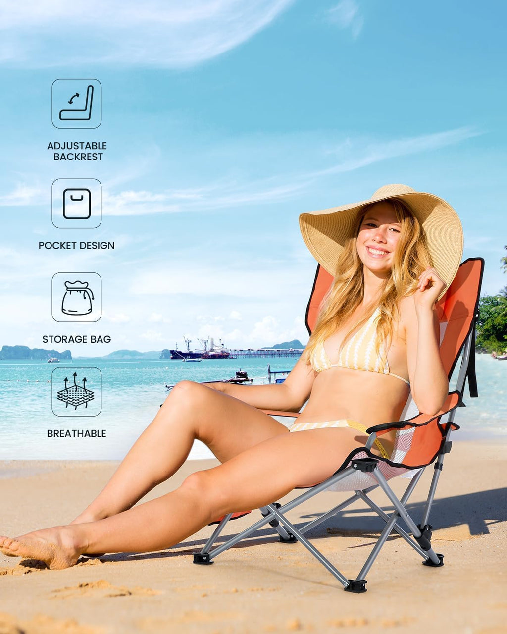 Sportneer Portable Beach Chair - Reclining Position with Cup Holder & Side Pocket | Compact Folding Design for Camping & Festivals
