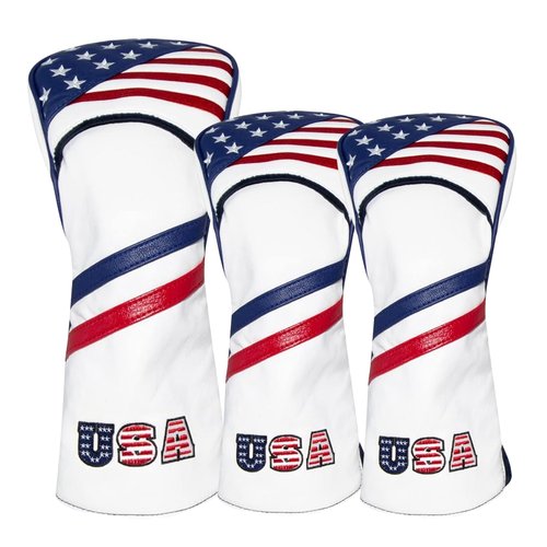 3pcs Red White Blue Golf Club Cover for Driver and Woods, Synthetic Leather Golf Driver Headcover and 2pcs Fairway Wood Head Cover Headcover fits for 460CC Drivers and All Fairway Woods