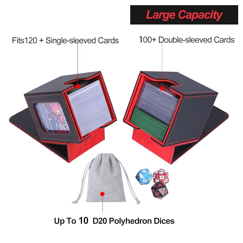 AFIING MTG Commander Deck Box with Drawstring Bag, 100 Double-Sleeve Cards, 2 Dividers, Toploader – Black/Red