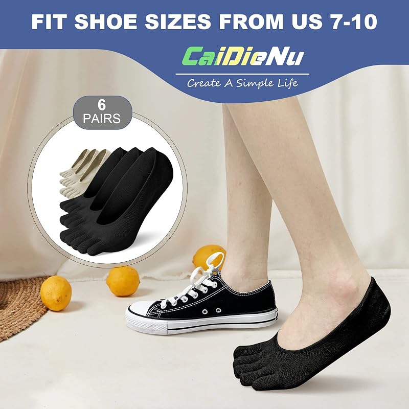 No Show Toe Socks Women 6 Pack - Low Cut Five Fingers Cotton Boat Socks