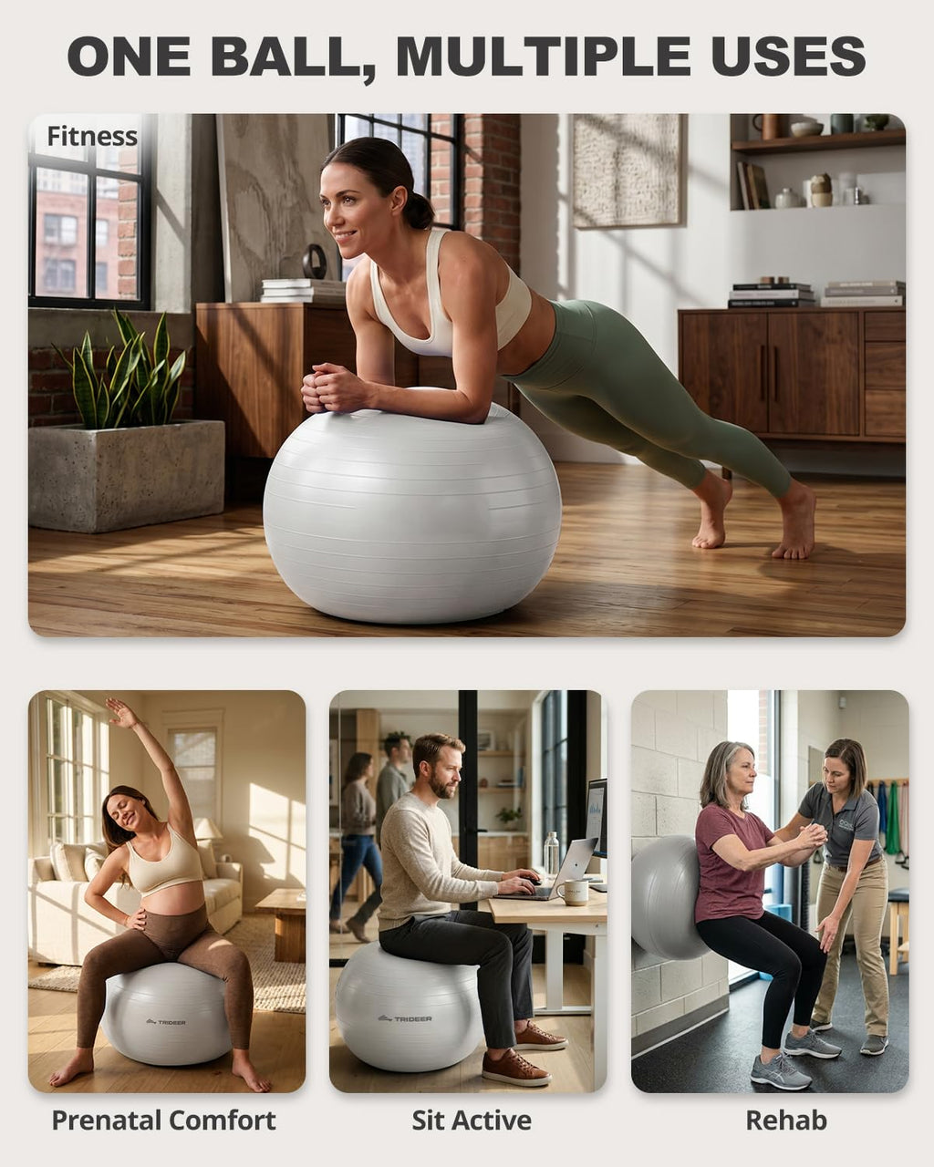 Trideer Yoga Ball for Exercise, Pregnancy & Birthing, 5 Sizes Exercise Ball for Physical Therapy, Stability, Fitness, Quick Pump Included