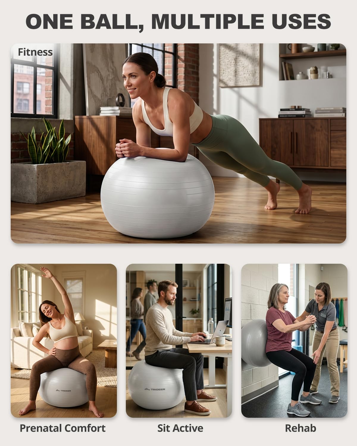 Trideer Yoga Ball for Exercise, Pregnancy & Birthing, 5 Sizes Exercise Ball for Physical Therapy, Stability, Fitness, Quick Pump Included