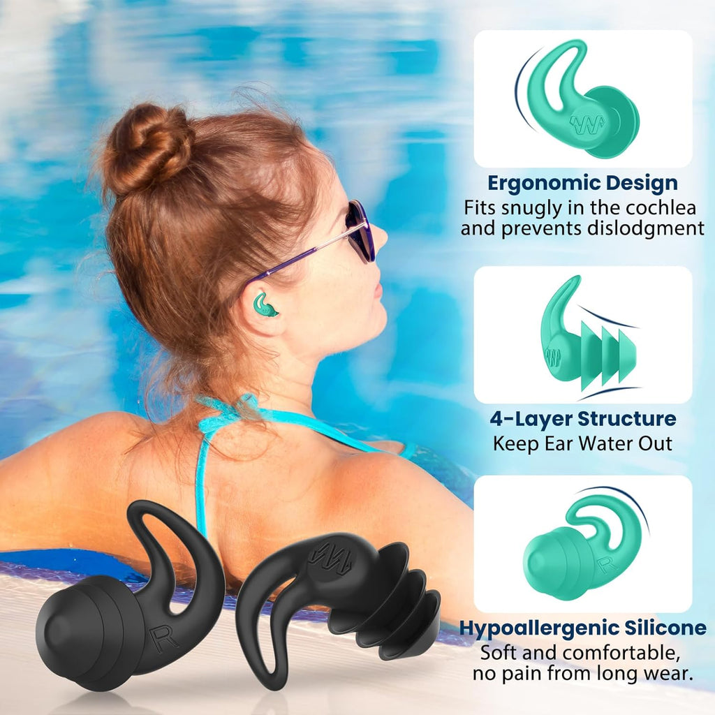 Skiennix Waterproof Ear Plugs - 4 Pairs Reusable Silicone for Swimming, Showering & Water Sports