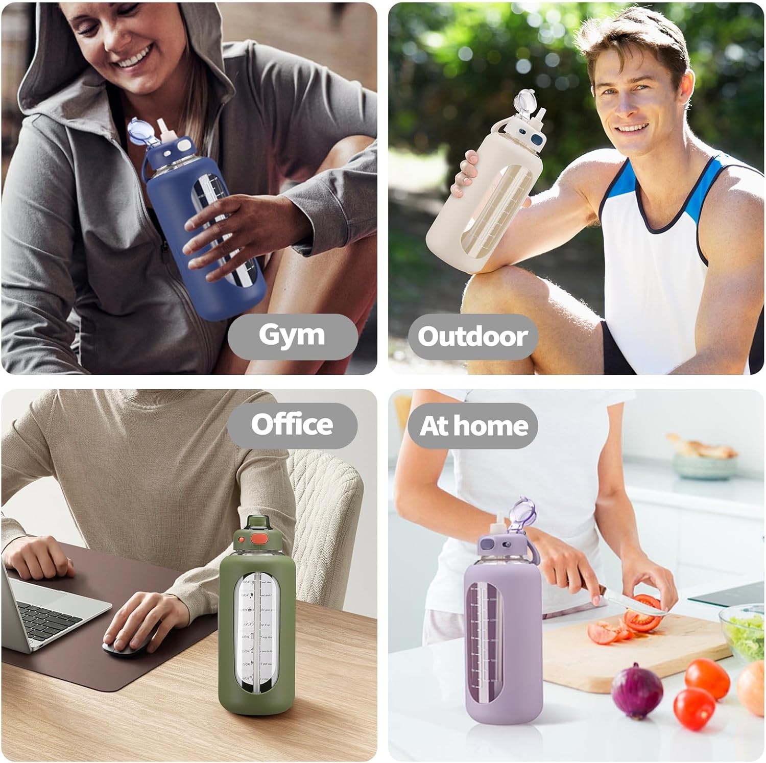 SIEROZUR 32 oz Glass Water Bottle - Durable with Straw, Handle & Silicone Sleeve | Time Marker for Gym & Travel