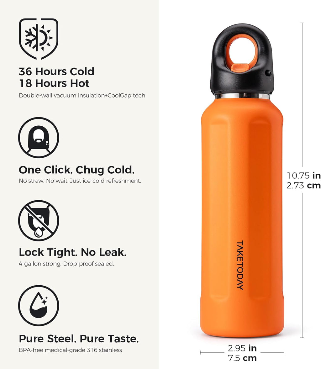 TakeToday 20oz Insulated Water Bottle - Stainless Steel Double-Wall Thermos | Leakproof & BPA-Free, Orange