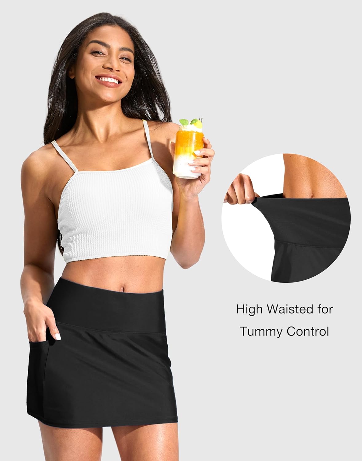 Soothfeel Women's 14" Swim Skirt - High Waisted Tummy Control with Pockets | Modest Tankini Bottoms
