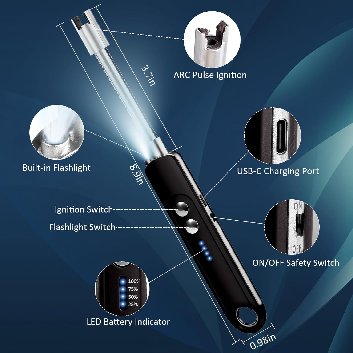 Skiennix Flameless Plasma Arc Electric Lighter - USB-C Rechargeable with Long Flexible Neck | Black