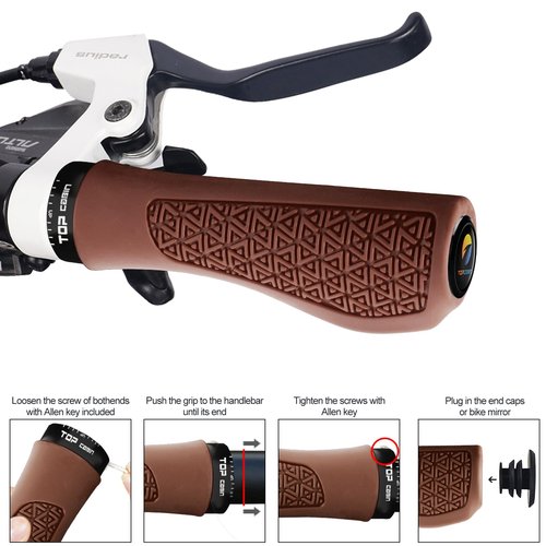 TOPCABIN Bicycles Handlebar Grips, Aluminum Lock-on Ergonomic Bike Grips, Cushion Vibrations Comfort Bike Handlebar Grips, Mountain MTB BMX Bicycles Grips for Scooter (Rubber(Brown))
