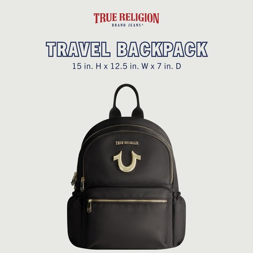 True Religion Backpack, Zip pocket, Horseshoe Logo Travel Bag, Black