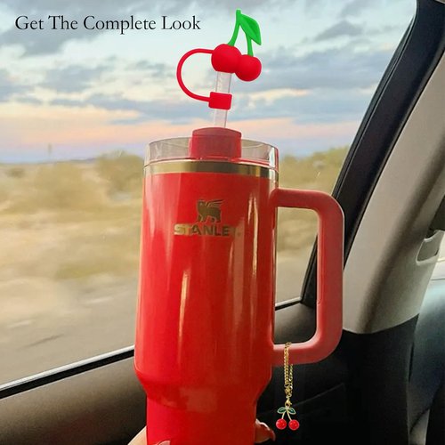 LUHOHI 4Pcs Red Cherry Charms Accessories for Stanley Cup, 3D Cherry Straws Toppers 10mm Cute Reusable Silicone Covers Fruit Set for Stanley 40 30oz Tumbler Handle Water Bottle Decorations