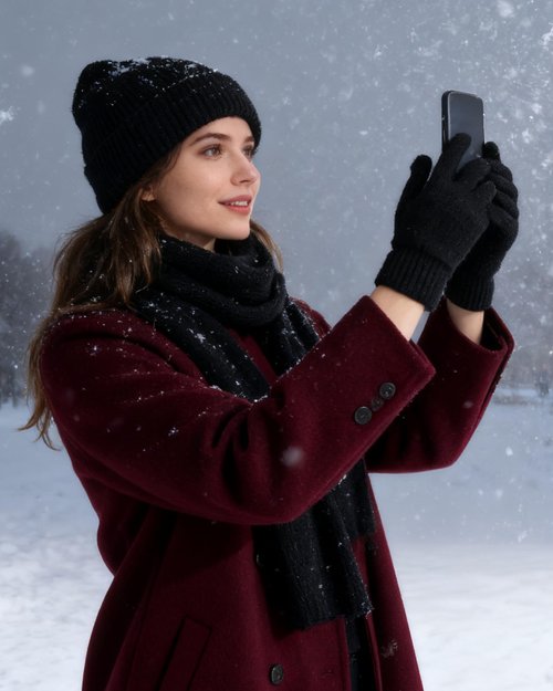 AWAYTR Women Winter Beanie Hat Scarf Gloves Set, 3Pcs Warm Knitted Hat Touchscreen Gloves Long Scarf for Cold Weather (Black)