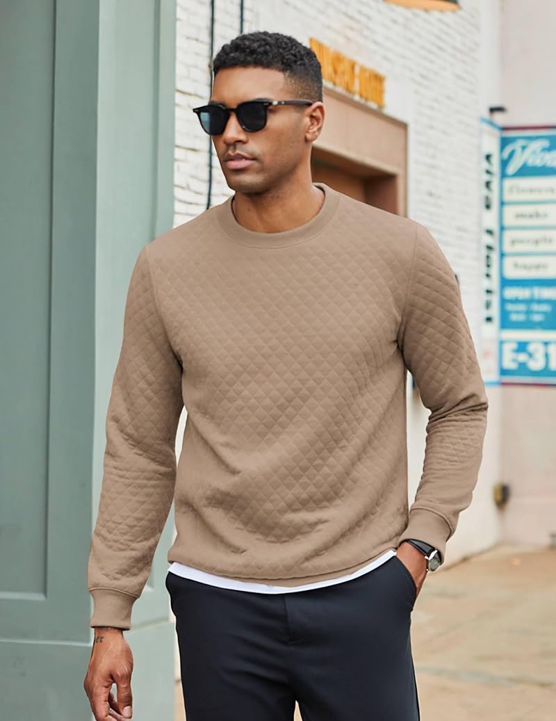 COOFANDY Khaki Large Men's Crewneck Sweatshirt – Long Sleeve Knit Pullover