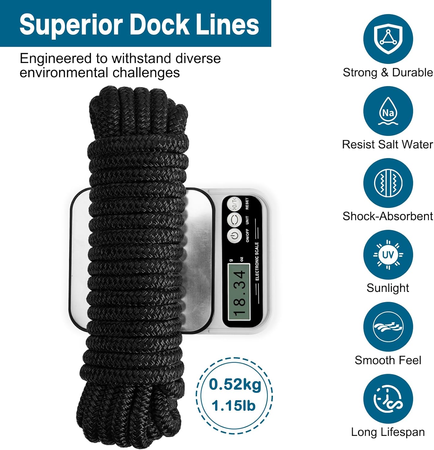 Premium Marine-Grade Dock Lines by [Brand Name] - 4 Pack 1/2" x 15’ Double Braided Nylon with 12" Eyelet - Black