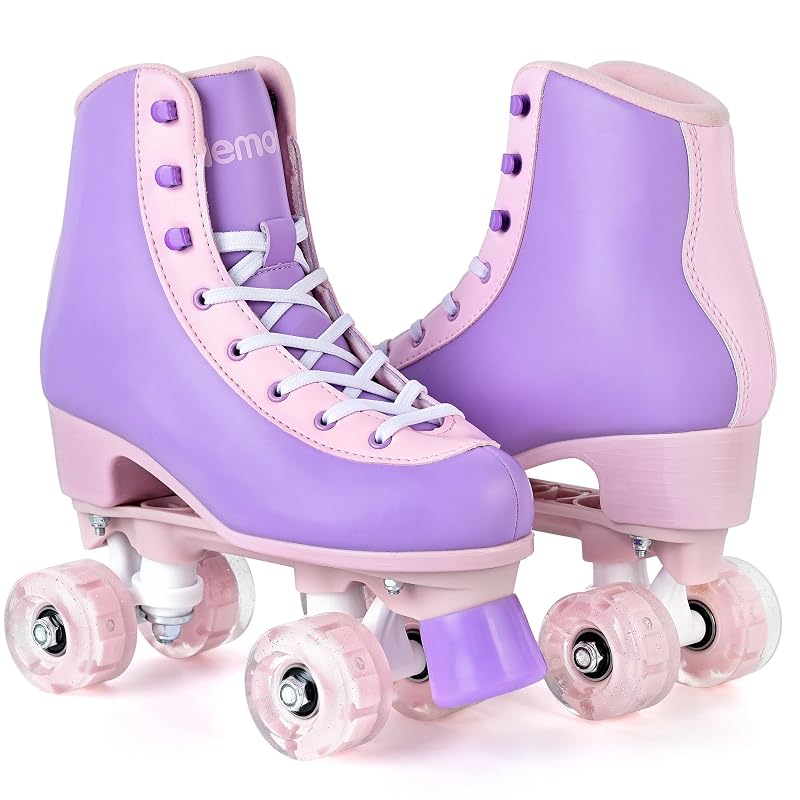 NEMONE Lavendar Dream Quad Roller Skates for Women, Girls - Light-Up PU Leather High-Top