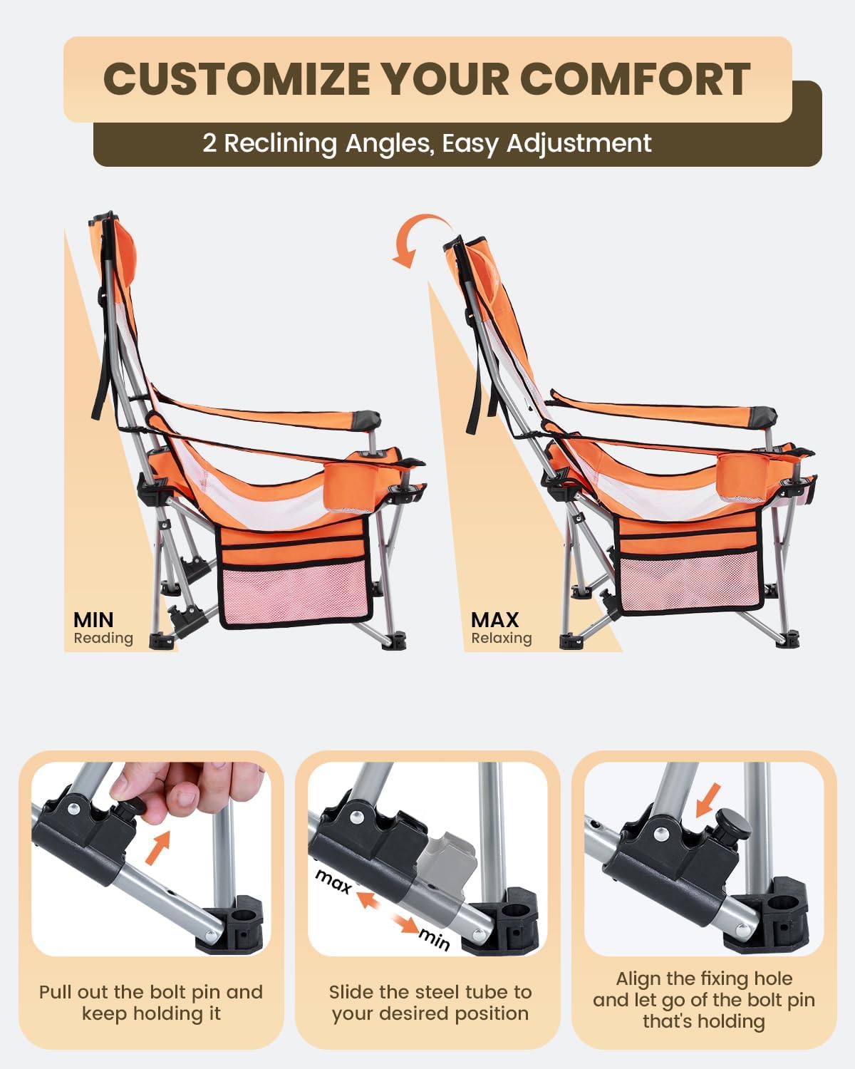 Sportneer Portable Beach Chair - Reclining Position with Cup Holder & Side Pocket | Compact Folding Design for Camping & Festivals
