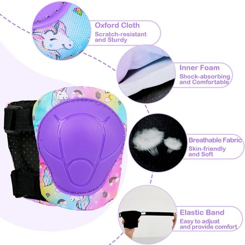 FIODAY Kids Knee Pads Set - Adjustable Protective Gear with Elbow Pads & Wrist Guard | Rainbow Unicorn, Ages 3-8