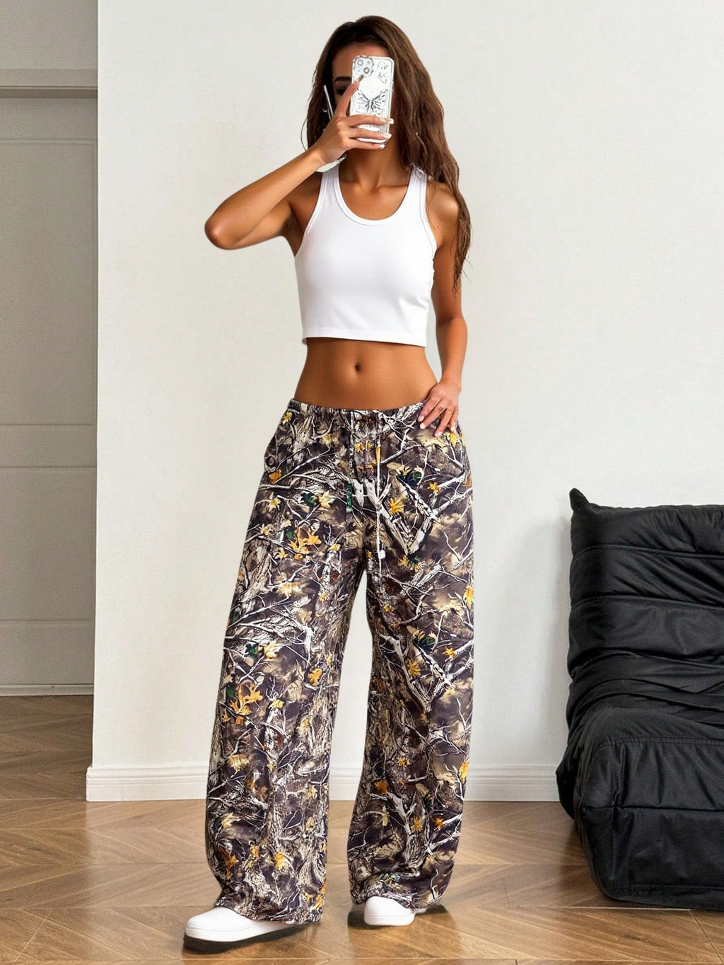 SOFIA'S CHOICE Women's Camo Sweatpants Baggy Pants Y2k Wide Leg Low Rise Sweatpants Camo Green X-Large