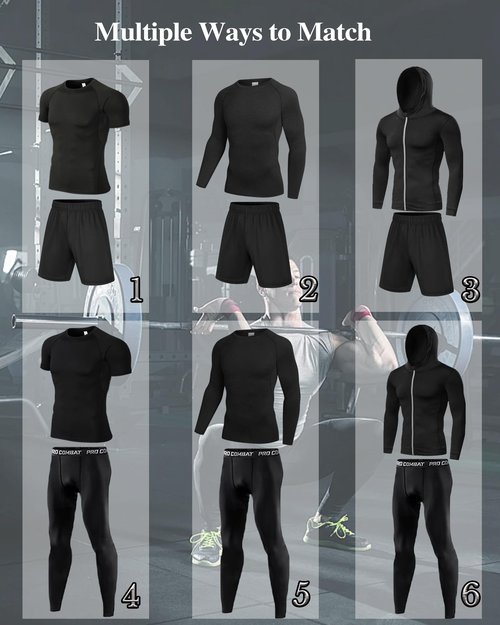 Antoyo 5Pcs Men Compression Workout Set,Compression Pants Shirt Top Long Sleeve Jacket for Gym,Men Athletic Baselayer Sets Running Breathable and Sweat Absorbing