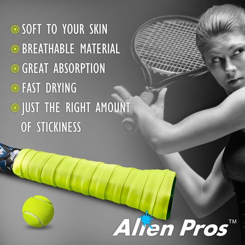 ALIEN PROS Tennis Racket Grip Tape (12 Grips) – Precut and Light Tac Feel Tennis Grip – Tennis Overgrip Grip Tape Tennis Racket – Wrap Your Racquet for High Performance (12 Grips, Neon Yellow)