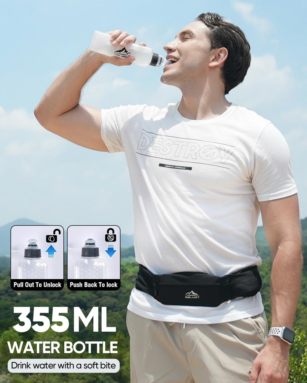 Zelvot Running Belt - Adjustable Fanny Pack with 355ml Water Bottle & Phone Holder | Waterproof for Jogging, Hiking, Marathon (Black, Medium)