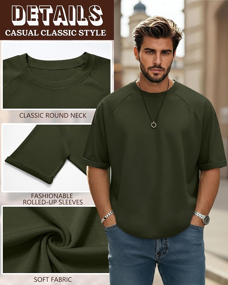 August Alley 3 Pack Mens Oversized T-Shirts - Black, Light Heather Gray, Army Green (Large)