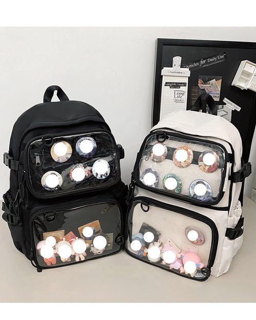VOUSXLLEZ Ita Bag Backpack Double Window Pins Bag with insert, Backpack for Cosplay and Concert(Pins NOT Included) (White)