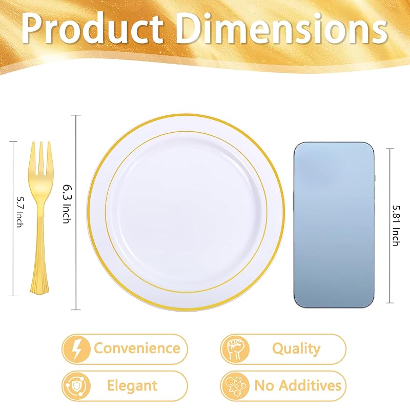 Wellife 240 Pcs Disposable Dessert Plates with Gold Forks, 6.5 Inch White & Gold Rim Set for 120 Guests