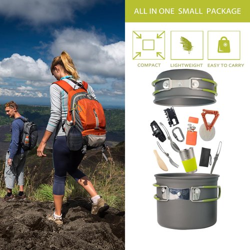 WAILAMHK Camping Cookware Mess Kit, 16 pcs Backpacking Cooking Set, Lightweight Camping Pots and Stove Set for 1-2 Person, Outdoor Cooking Gear Ideal for Camping, Hiking, Backpacking and Picnic