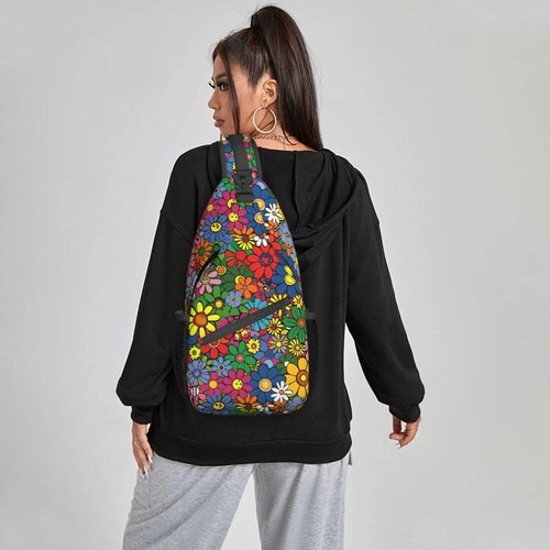 Famame Abstract Hippie Flower Sling Backpack Chest Bag Crossbody Shoulder Bag Gym Cycling Travel Hiking Daypack For Men Women