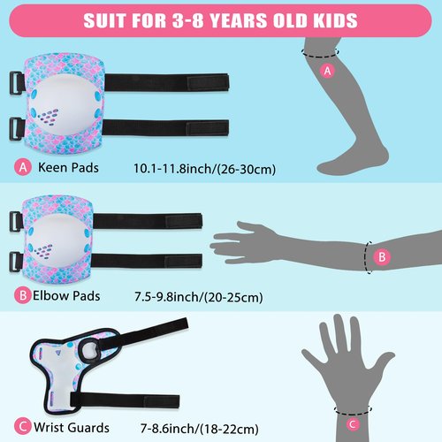 Ausletie Knee Pads for Kids Girls Protective Gear Set Adjustable Knee Pads and Elbow Pads Set with Wrist Guard for Girls Kids Toddler Roller Skates Bike Cycling Skateboard Scooter (Blue&White Mermaid)