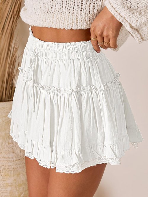 Aoudery Flowy Shorts for Women Lace Ruffle Tiered Mini Skirt Casual Boho High Waisted Tennis Golf Skorts Concert Outfits-White S