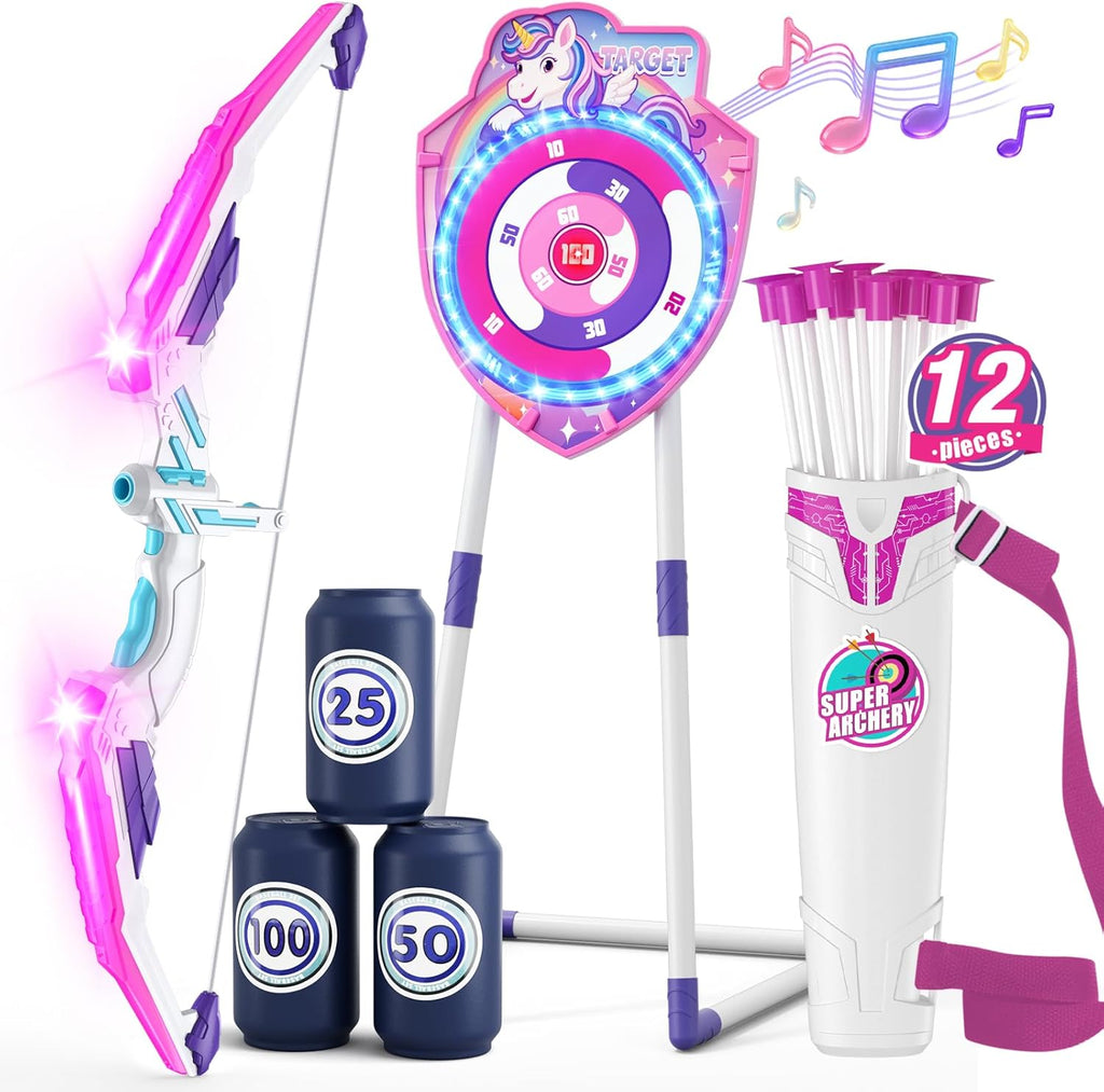 Skiennix LED Light Up Unicorn Bow and Arrow Set - 12 Suction Cup Arrows & Glow Target for Kids Ages 4-12