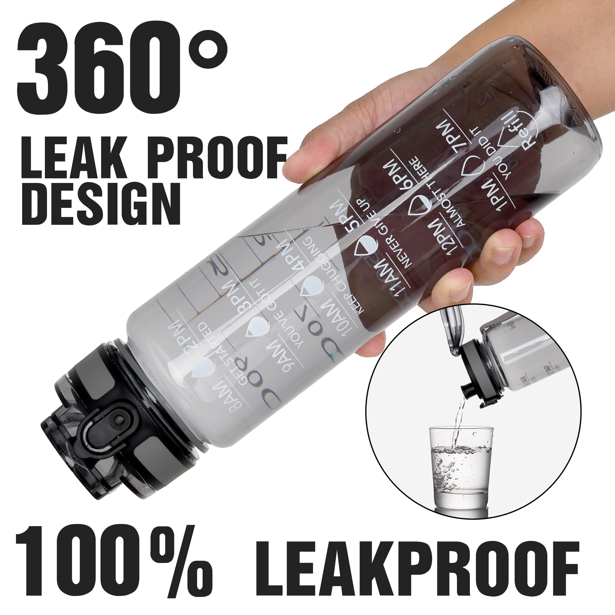 OLDLEY Water Bottle, 32oz Motivational Sports Water Bottle with Time Marker - Times to Drink - Tritan, BPA Free, Wide Mouth Leakproof,Anniversary Birthday Gifts for Men Women,Smoke Grey (1 Bottle)
