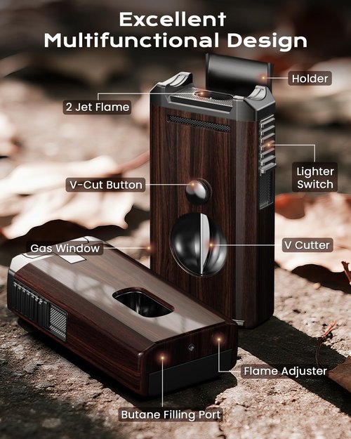 All-in-One Torch Lighter with Holder, Cutter and Dual Jet Flames, Adjustable & Windproof Flame, Refillable Butane Torch Lighter, Multifunctional Gifts for Men, Portable Accessories for Travel