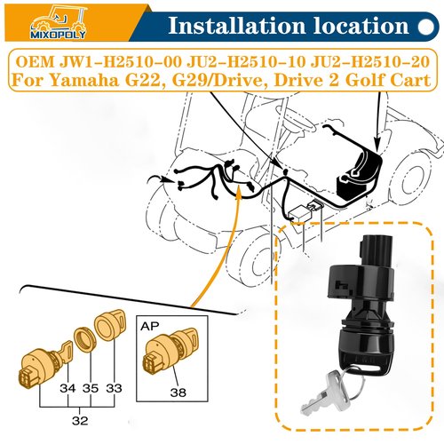MIXOPOLY Ignition Key Switch Assembly for Yamaha G22, G29/Drive, Drive 2 Golf Cart, Stater Switch Replace OEM JW1-H2510-00 JU2-H2510-10 JU2-H2510-20