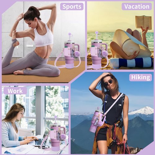 SHEGZHUC 7 PCS Stanley Cup Accessories, Leather Water Bottle Adjustable Strap, Straw Toppers & Protective Cup Holder for 30-40 OZ (880-1180 ml), 4 Pendant Tumbler Accessories (Purple)