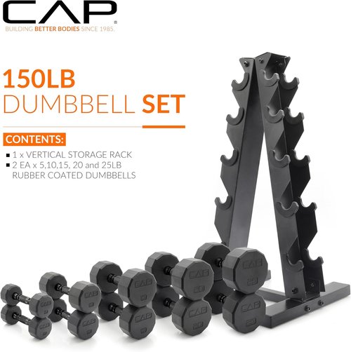 CAP Barbell Rubber Coated Dumbbell Weight Set - Vertical Rack Included | 100 lb, 150 lb, 210 lb Options
