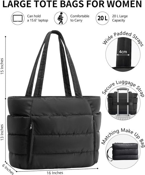 Bagstellar Puffer Tote Bag - Lightweight Quilted Handbag for Work & Travel | 15.6" Laptop & Tumbler Holder