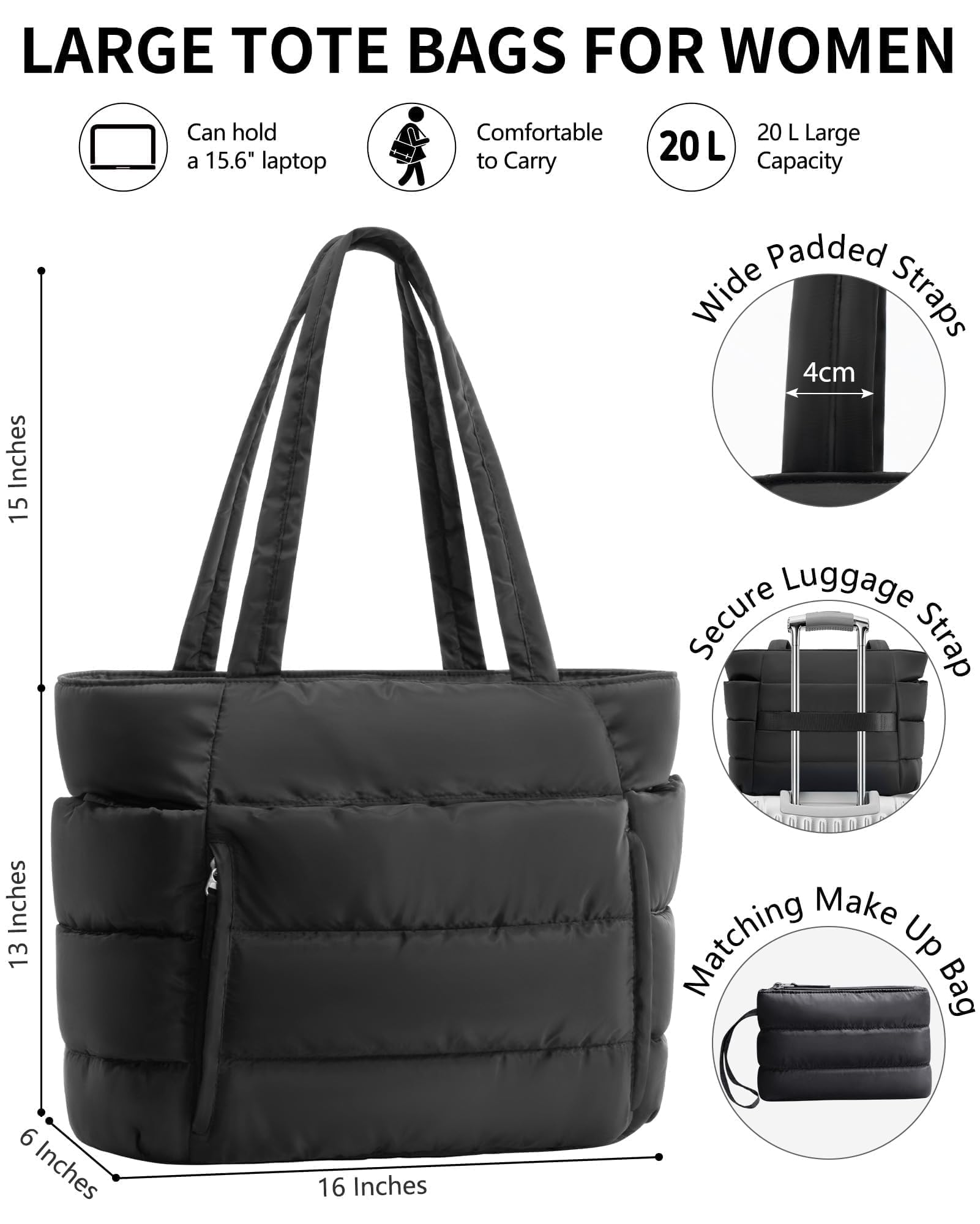Bagstellar Puffer Tote Bag for Women, Lightweight Puffy Work Handbag Teacher Nurse Quilted Shoulder Bag for School Travel Gym