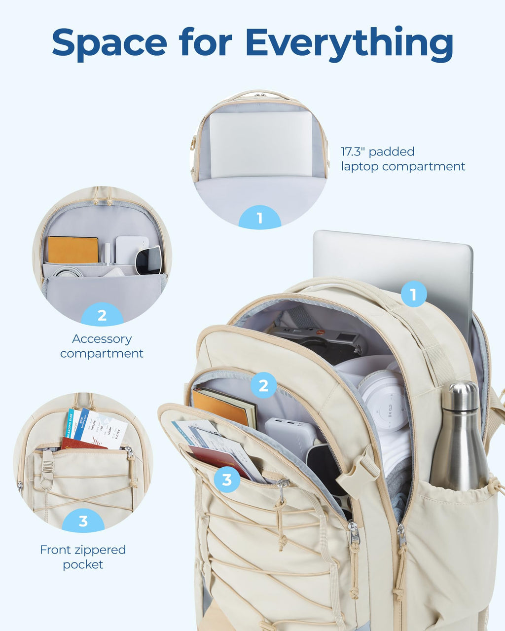 BAGSMART Carry On Travel Backpack, 17 Inch Large Travel backpack Carry On Flight Approved, Anti-theft Personal Item Backpack Travel Bag With Shoe Bag, 30L Water Resistant Casual Daypack, Beige
