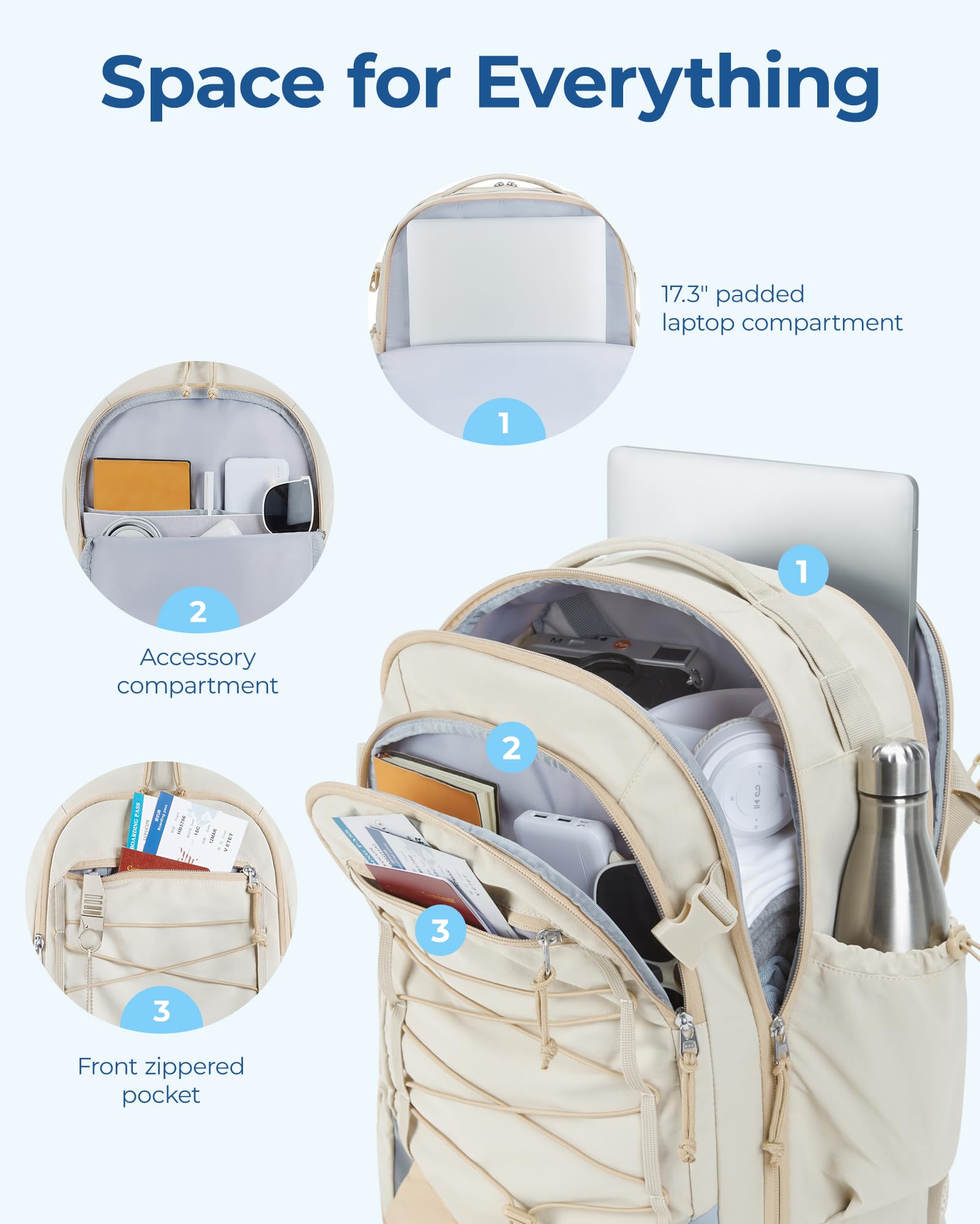 BAGSMART Carry On Travel Backpack, 17 Inch Large Travel backpack Carry On Flight Approved, Anti-theft Personal Item Backpack Travel Bag With Shoe Bag, 30L Water Resistant Casual Daypack, Beige