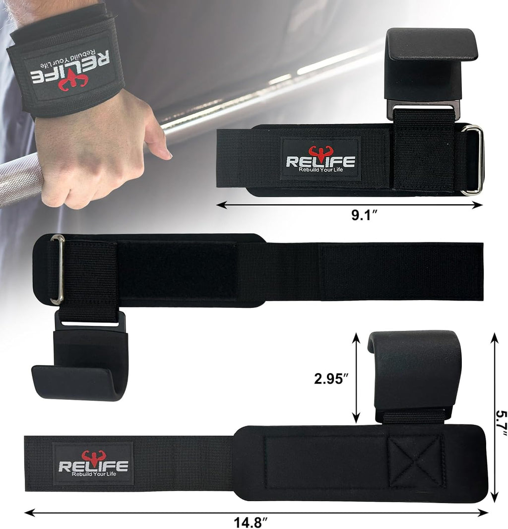 RELIFE Lifting Hooks for Men & Women - Heavy-Duty Pull Up Straps & Wrist Grips for Powerlifting