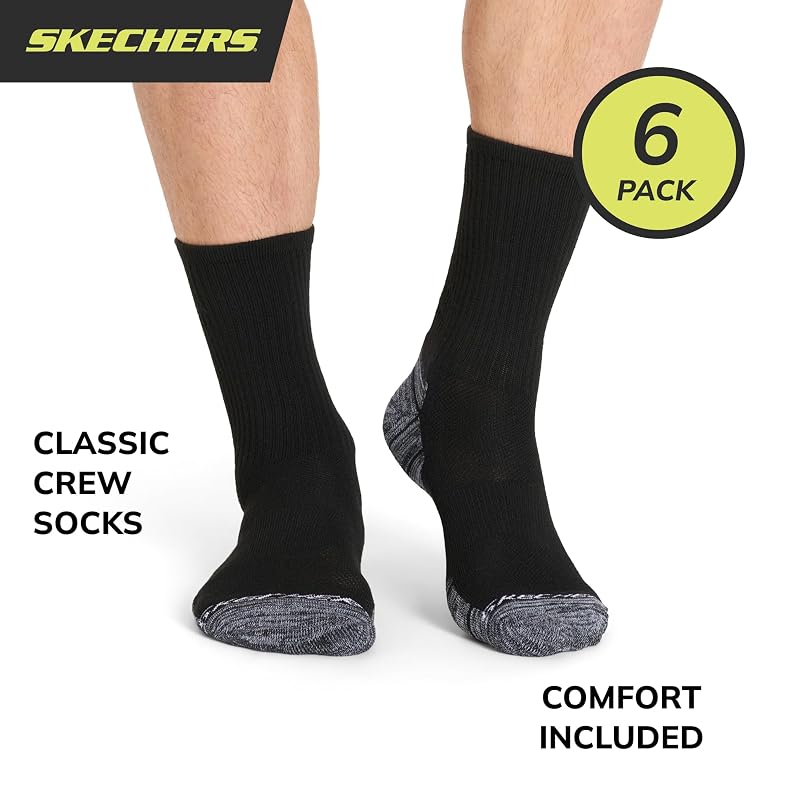 Skechers Men's Cushioned Crew Socks 6-Pack - Black/White, Size 10-13