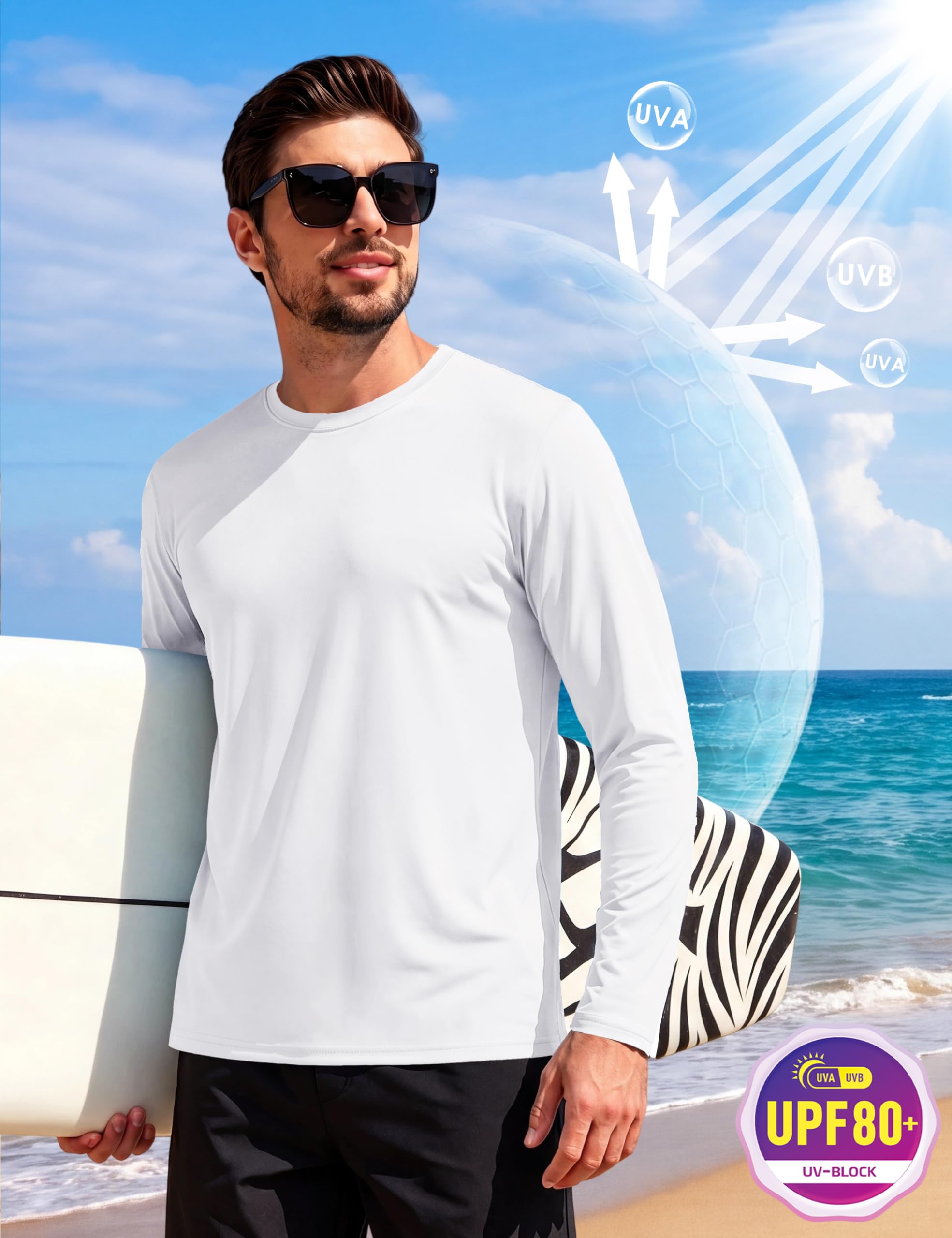 Boladeci Swim Shirts for Mens Rash Guard Long Sleeve UV Protection SPF Fishing Shirts Quick Dry Breathable Hot Weather Running White Large