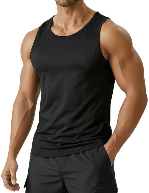PINSPARK Mens Tank Tops Summer Quick Dry Athletic Sleeveless Shirts UPF 50+ Gym Workout Running Beach Muscle Tee Breathable Black