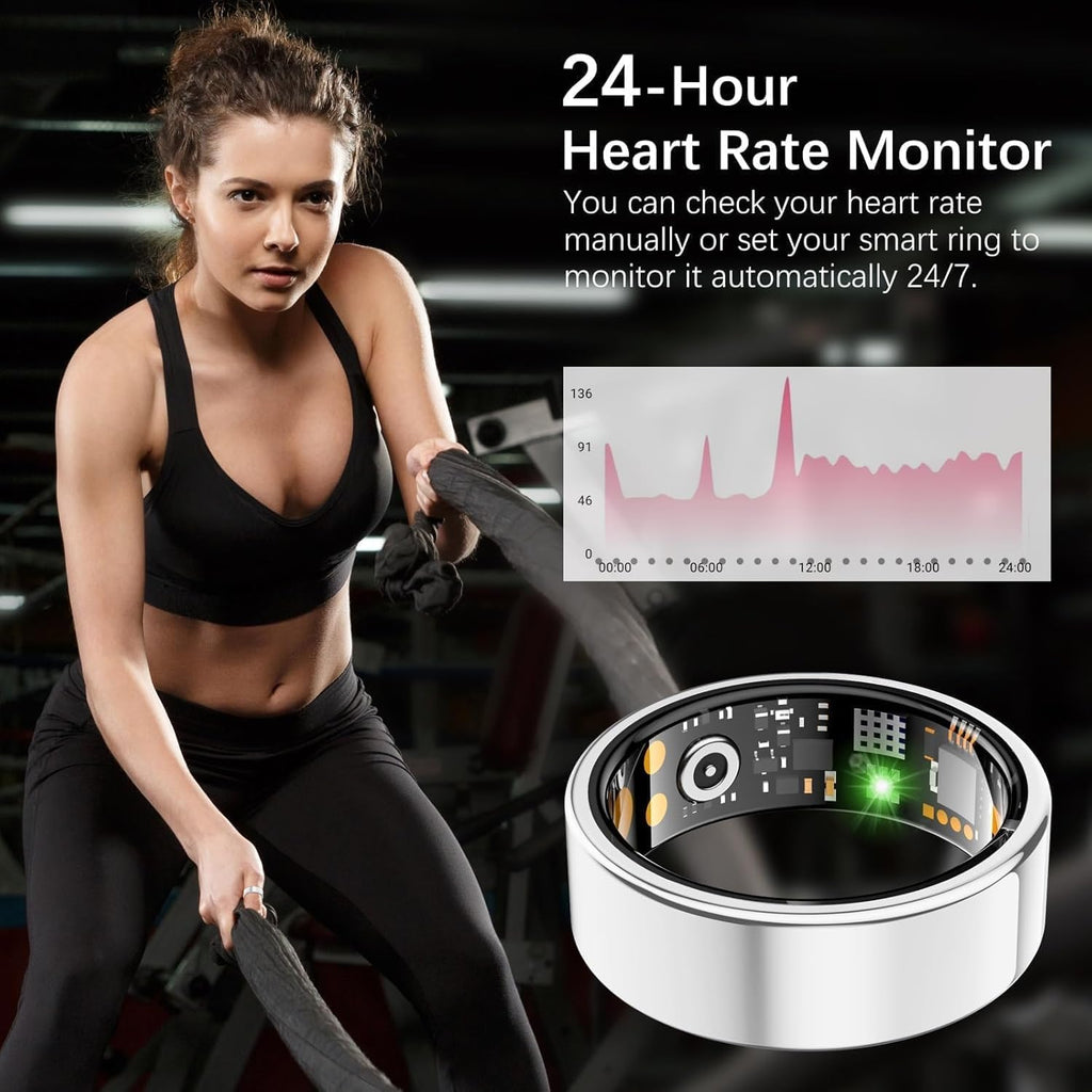 Skiennix Smart Ring - Health Tracker for Men & Women | Heart Rate, Sleep Monitor, IP68 Waterproof (Silver, Size 10)