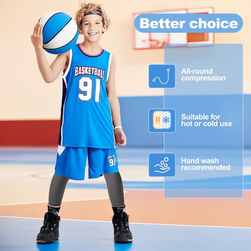 Cptoion 4 Pairs Kids Long Compression Leg Sleeves - Non Slip UV Protection Full Length Sleeves for Boys & Girls (Black, White, Blue, Grey)