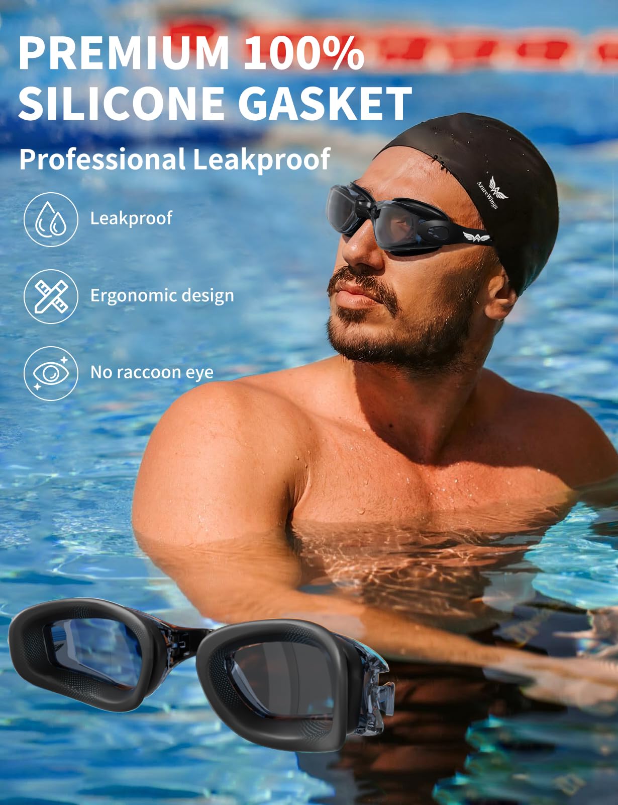 AzureWings 7 in 1 Swim Goggles + Swim Cap for Men Women,No Leak Anti-Fog & UV, Wide Visio HD Mirror PC Lens
