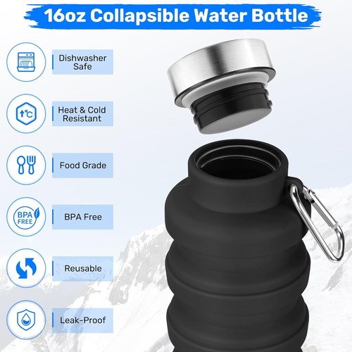 Collapsible Water Bottle, 16oz Portable Reusable Silicone Water Bottle, BPA-Free Leak-Proof Foldable Design with Carabiner, Lightweight Durable for Gym, Travel, Camping, Hiking, Sports(Black+ Purple)